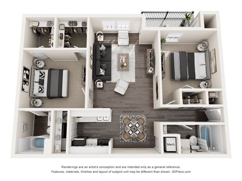 Floor plan for 2 beds, 2 baths, 897 sqft